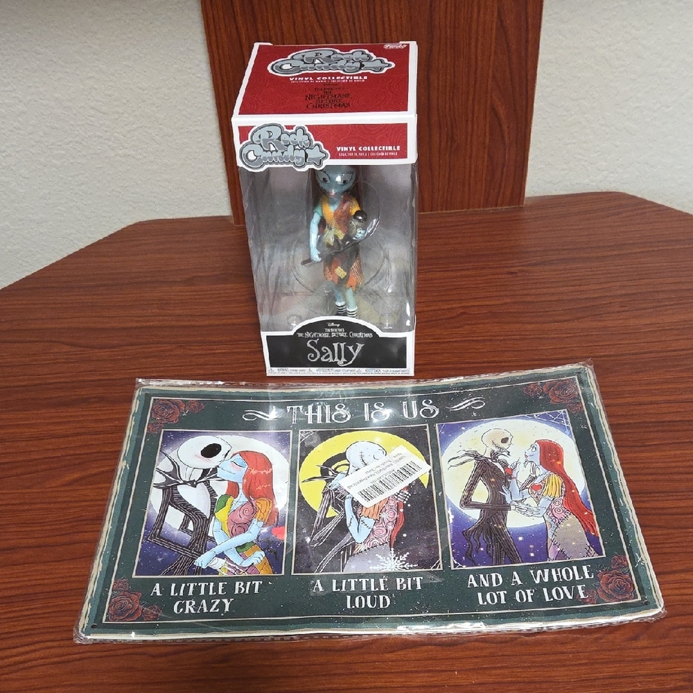 Disney Bundle Set of Sally Vinyl Collectible; Vintage Metal Tin Sign